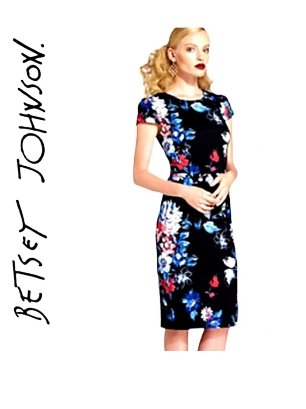 Betsey Johnson Black Floral Cap Sleeve Evening Midi Dress